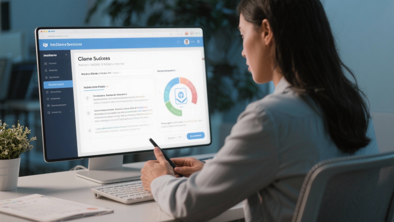 Professional analyst configuring layered business intelligence dashboard with comparative charts and KPI tiles on a large display in a modern office overlooking Amsterdam canals