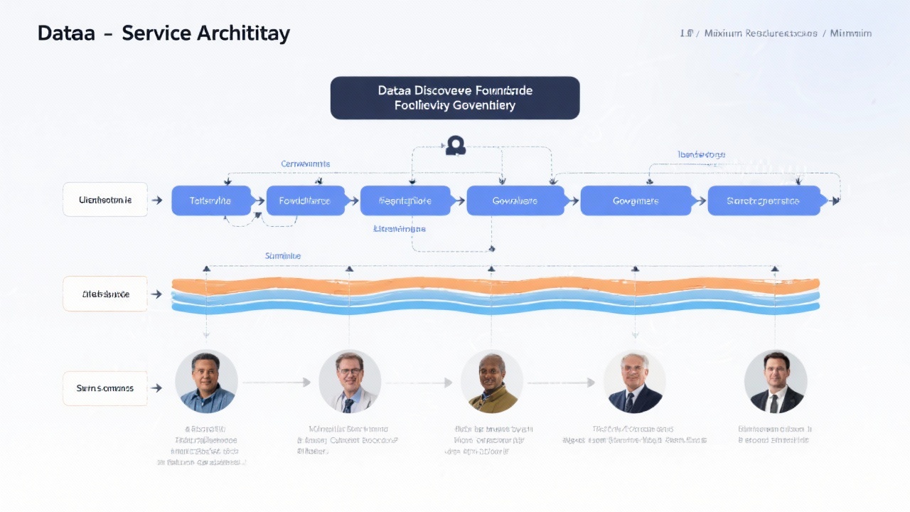 Detailed service architecture flow chart illustrating data discovery foundation delivery and governance phases with stakeholder swimlanes
