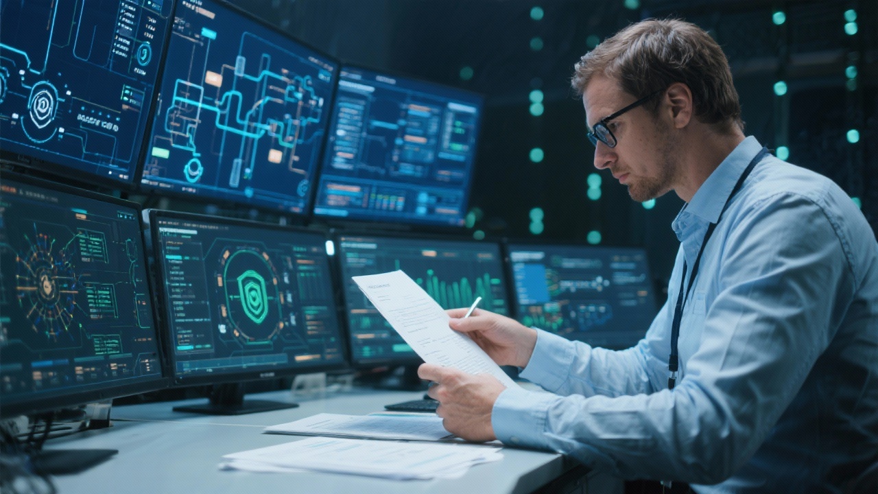 Information security specialist reviewing comprehensive data governance framework with policy documentation and system architecture overlays in secure control room
