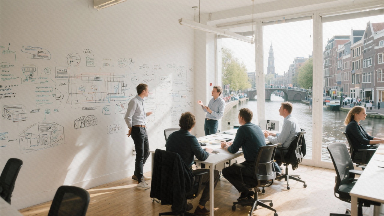 Sunlit Amsterdam canal office interior with collaborative workspace, whiteboards filled with data architecture sketches and consultants in focused discussion
