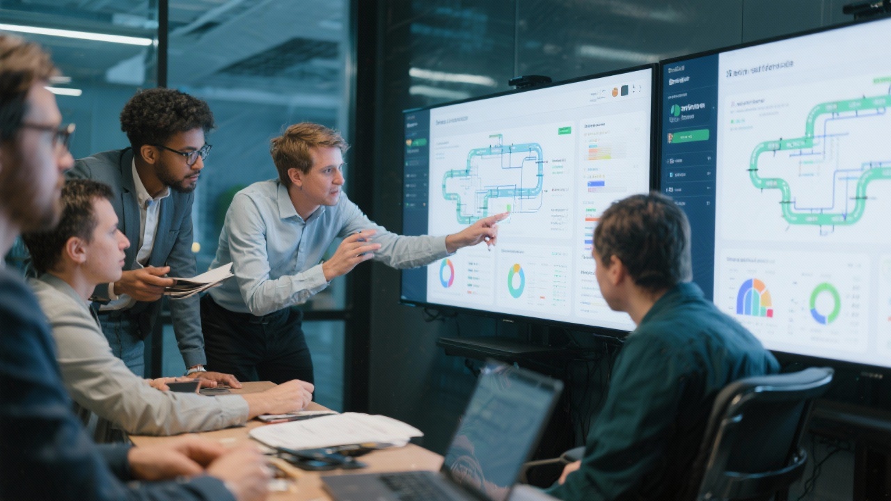 Modern data pipeline visualization showing source systems ingestion transformation layers and analytics services mapped on a phased timeline