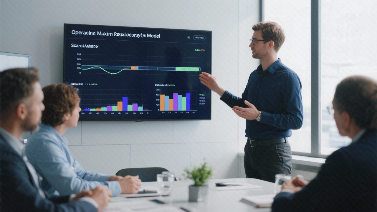 Data scientist presenting predictive analytics model outputs with scenario sliders and probability distributions during an interactive session with operations managers